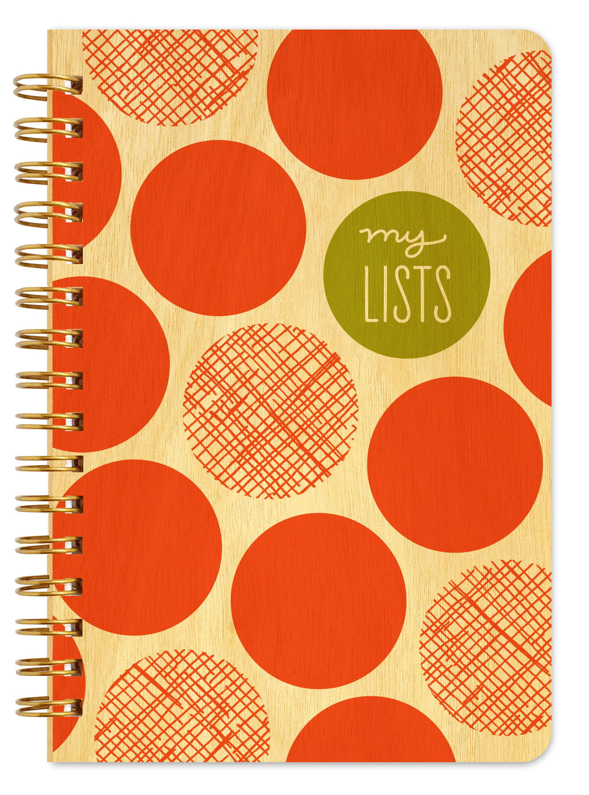 Spiral-bound wood notebook with birch wood covers featuring bold red polka dots with a crosshatch texture and an olive green circle with "my Lists" text.