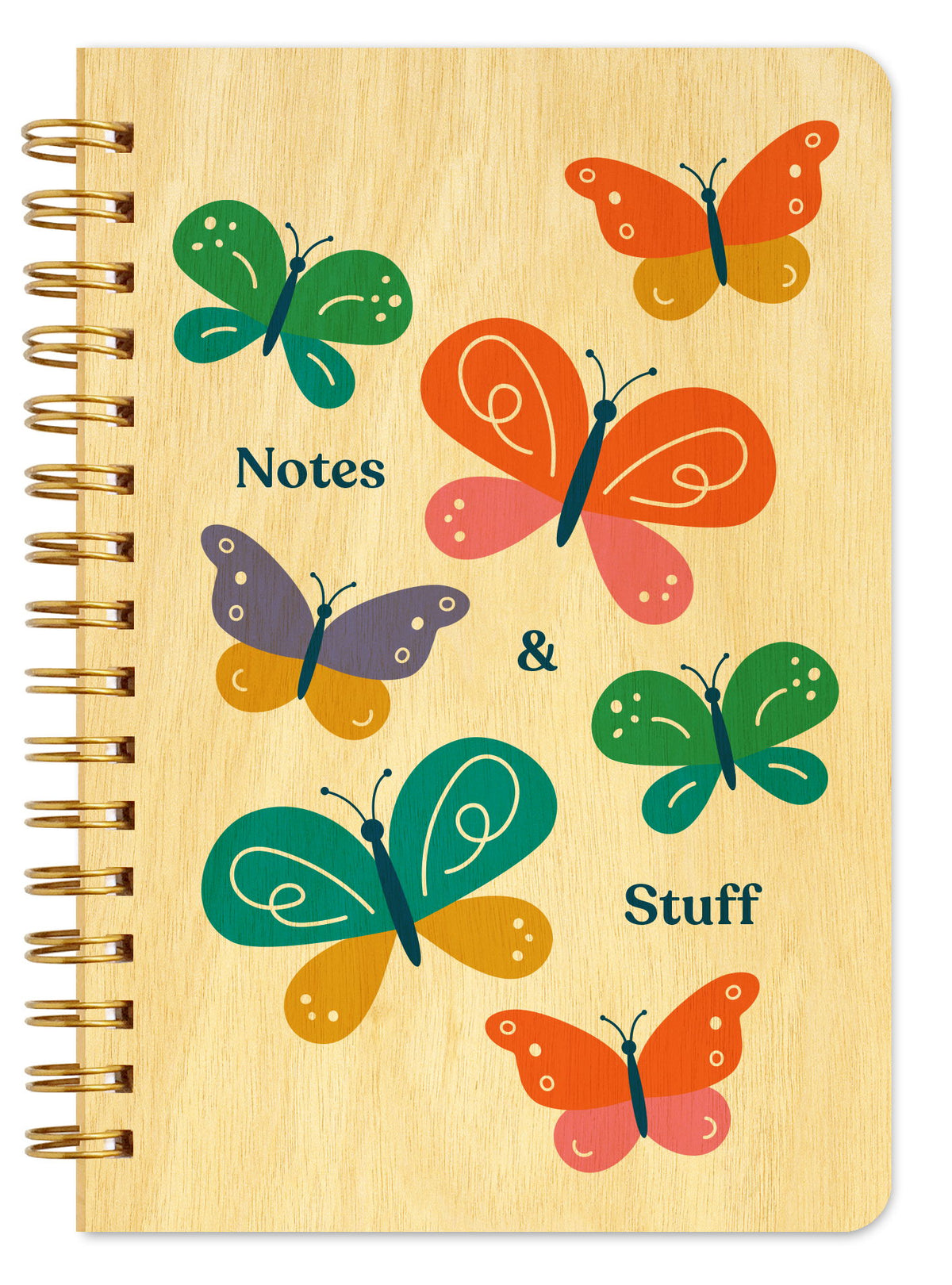 Spiral-bound wood notebook with birch wood covers featuring colorful butterflies in green, orange, teal and purple with "Notes & Stuff" text.