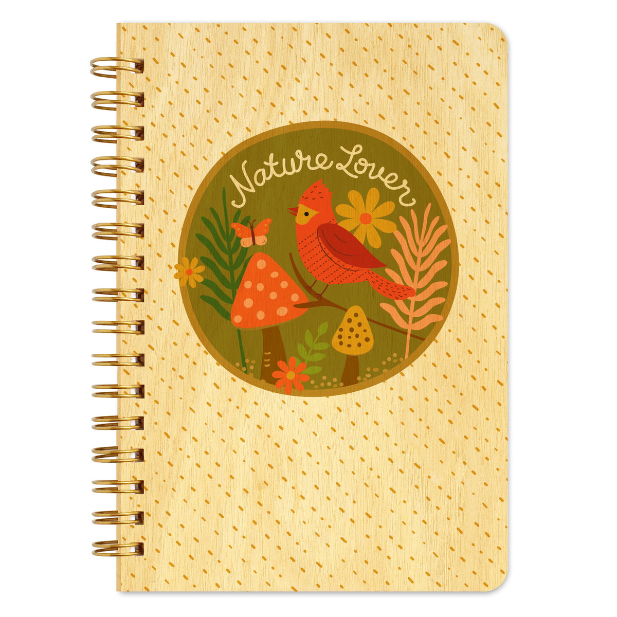 Spiral-bound wood notebook with birch wood covers featuring a red cardinal perched on a branch among mushrooms, flowers and foliage inside a circular "Nature Lover" badge illustration.