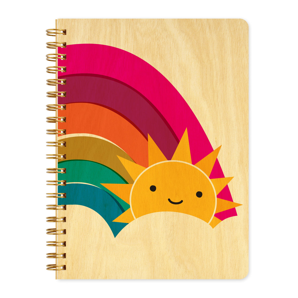Spiral-bound wood journal with birch wood covers featuring a smiling sun peeking out from behind a bold rainbow in pink, orange, gold and teal.