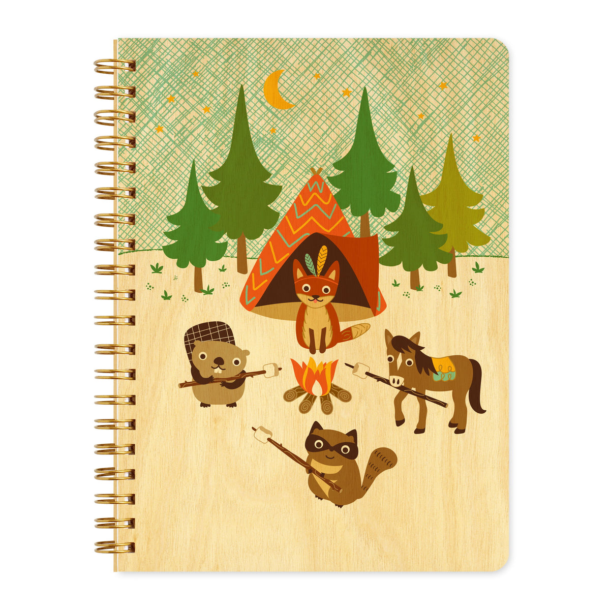 Spiral-bound journal with birch wood covers featuring a fox, beaver, raccoon and horse roasting marshmallows around a campfire in the woods.