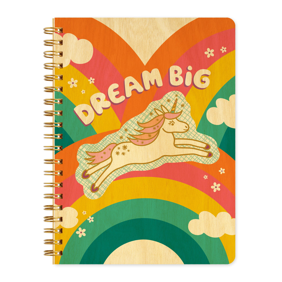 Spiral-bound wood journal with birch wood covers featuring a leaping unicorn with a pink mane among bold rainbows, clouds and flowers with "Dream Big" text.