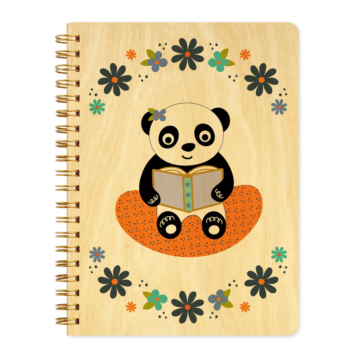 Spiral-bound wood journal with birch wood covers featuring a panda with a purple flower tucked above its ear reading a book on an orange cushion, framed by a purple and aqua floral wreath border.