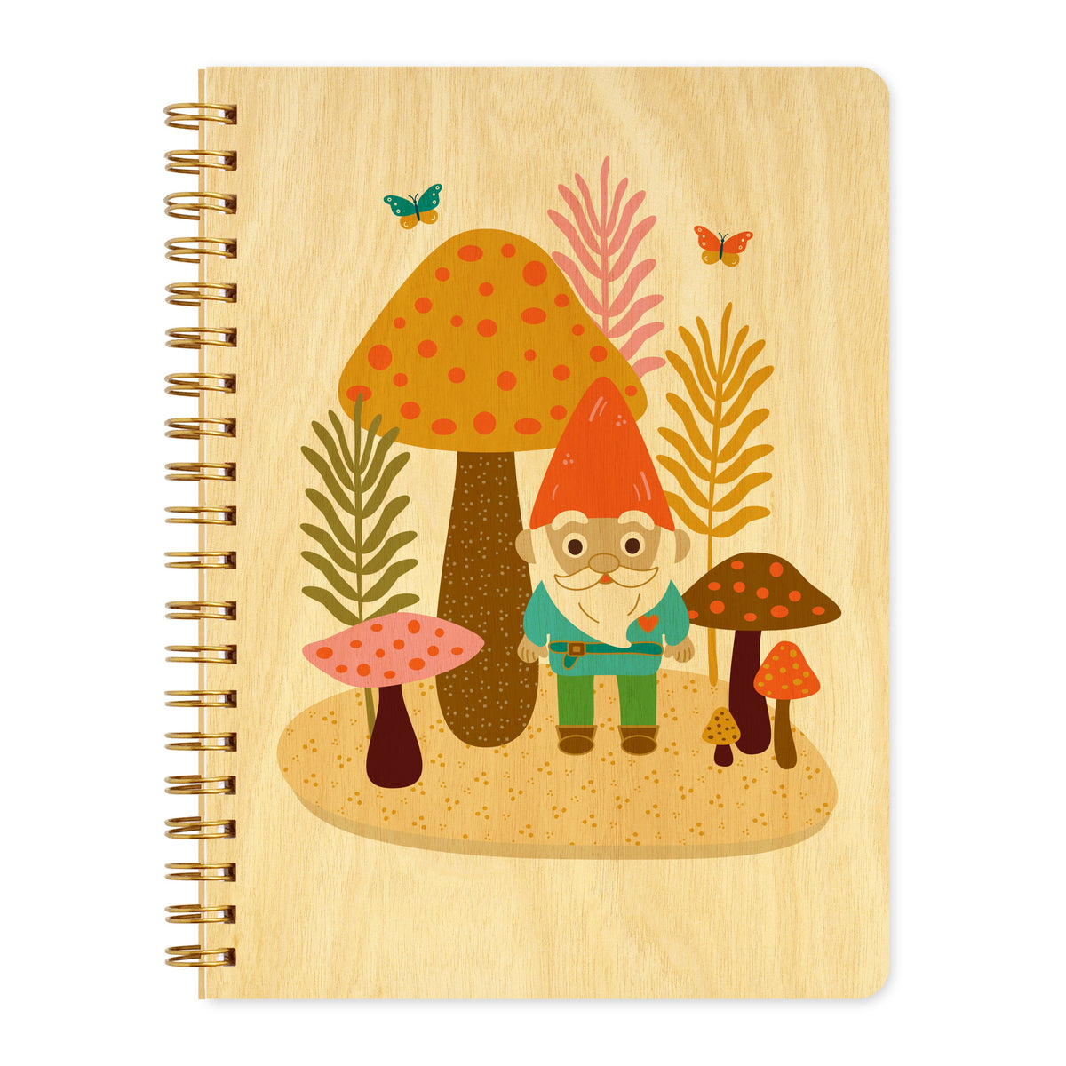 Spiral-bound wood journal with birch wood covers featuring a gnome standing among colorful mushrooms, foliage and butterflies.