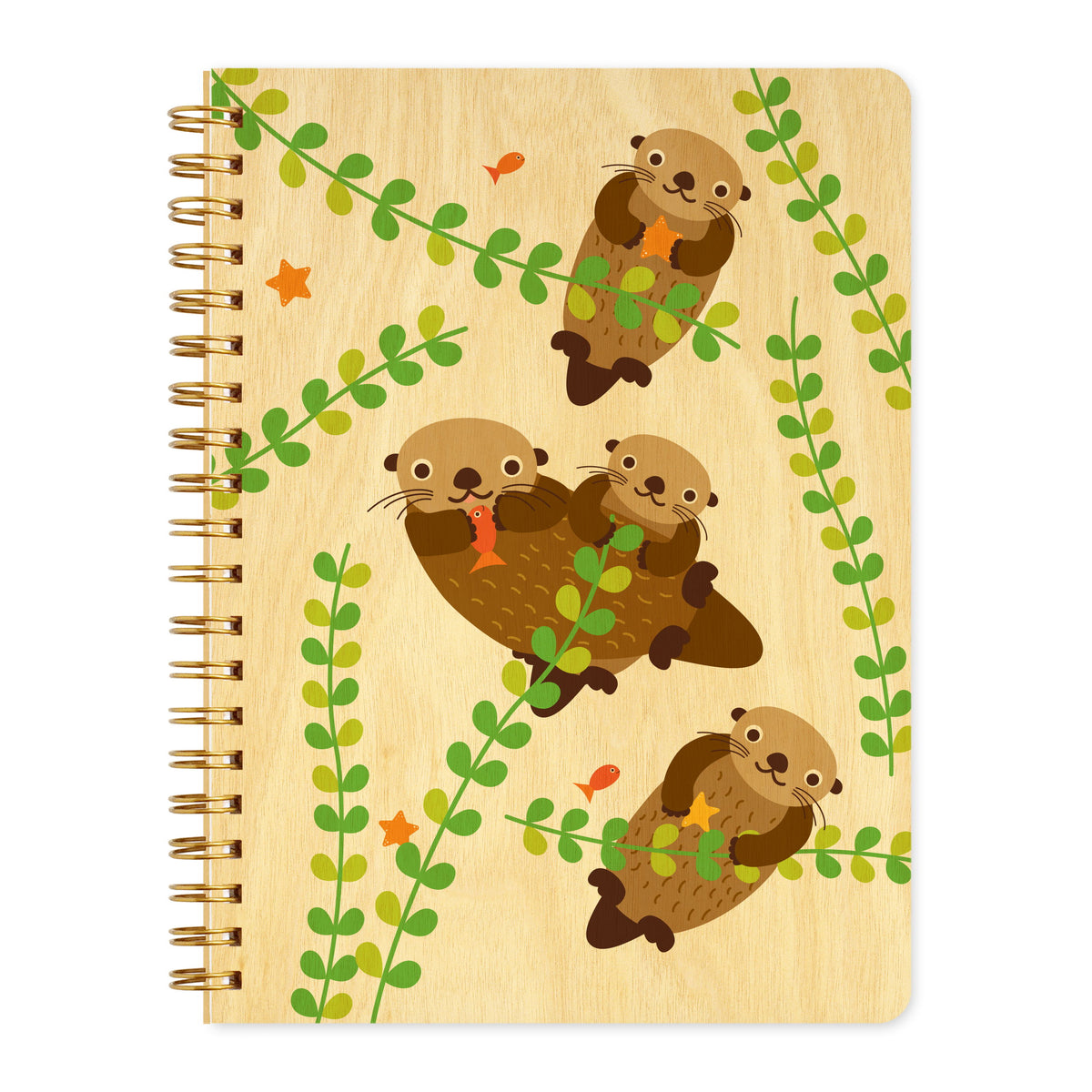 Spiral-bound wood journal with birch wood covers featuring four sea otters floating among green leafy vines, starfish and small fish.