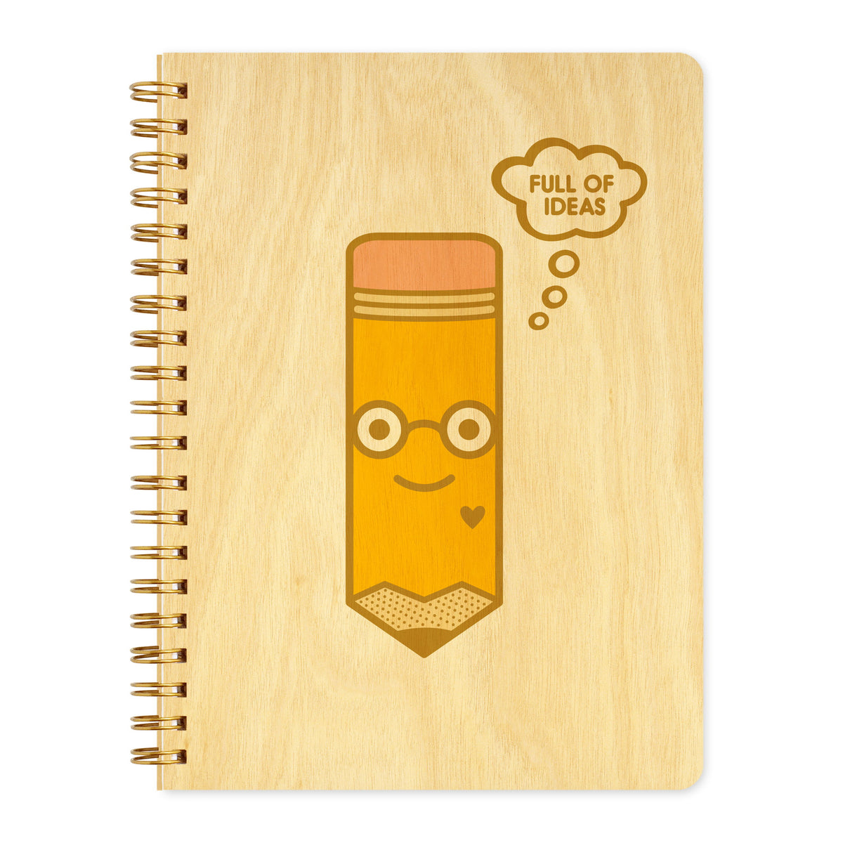 Spiral-bound wood journal with birch wood covers featuring a smiling pencil character wearing glasses with a thought bubble that reads "Full of Ideas."