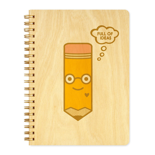 Spiral-bound wood journal with birch wood covers featuring a smiling pencil character wearing glasses with a thought bubble that reads "Full of Ideas."