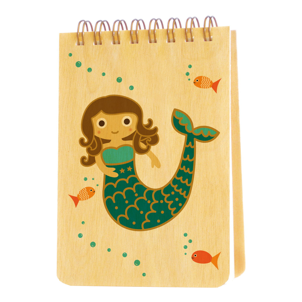 Spiral-bound wood mini notepad with birch wood covers featuring a whimsical mermaid with brown curly hair and a teal tail surrounded by orange fish and green bubbles.