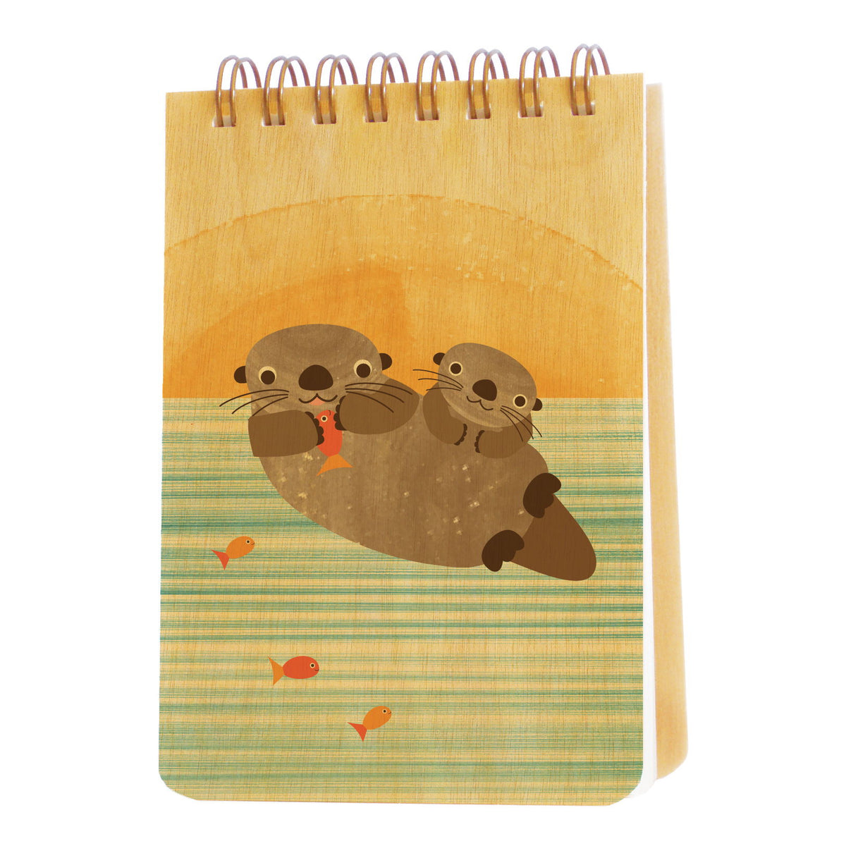 Spiral-bound wood mini notepad with birch wood covers featuring two otters floating together against a warm golden sunset with small orange fish swimming nearby.