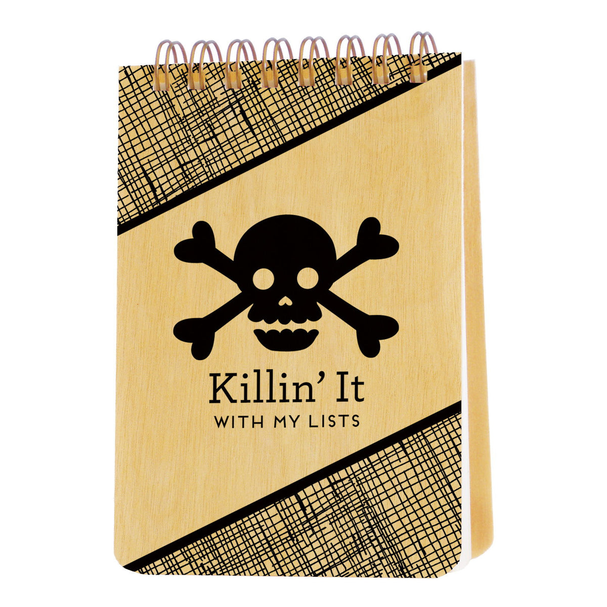 Spiral-bound wood mini notepad with birch wood covers, skull and crossbones design and "Killin' It With My Lists" text.