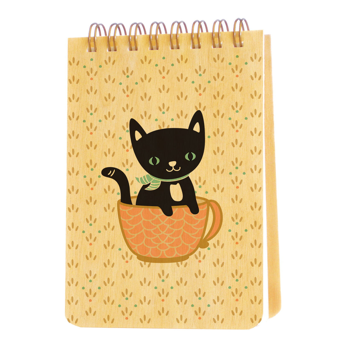 Spiral-bound wood mini notepad with birch wood covers featuring a black cat with green eyes sitting inside a pink teacup.