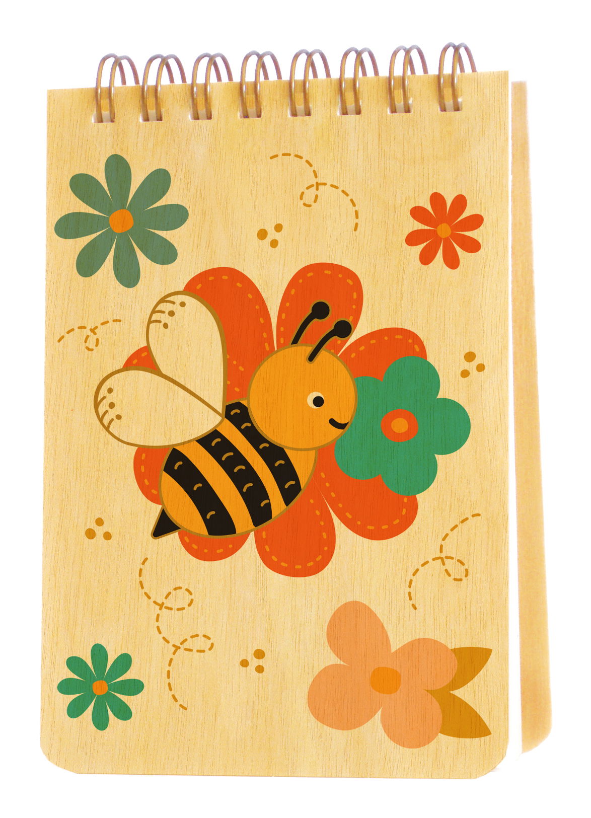 Spiral-bound wood mini notepad with birch wood covers featuring a smiling bumble bee perched on a bold orange flower surrounded by colorful blooms and dotted flight trails.