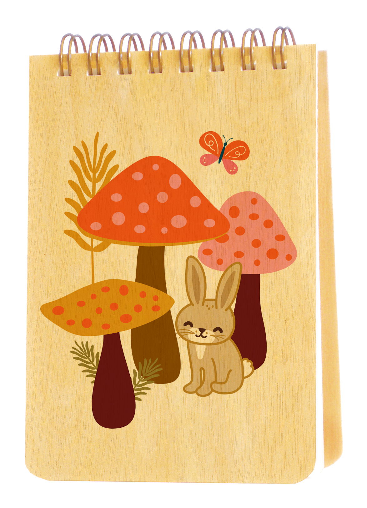 Spiral-bound wood mini notepad with birch wood covers featuring a happy bunny nestled among spotted mushrooms with a butterfly and wildflowers.