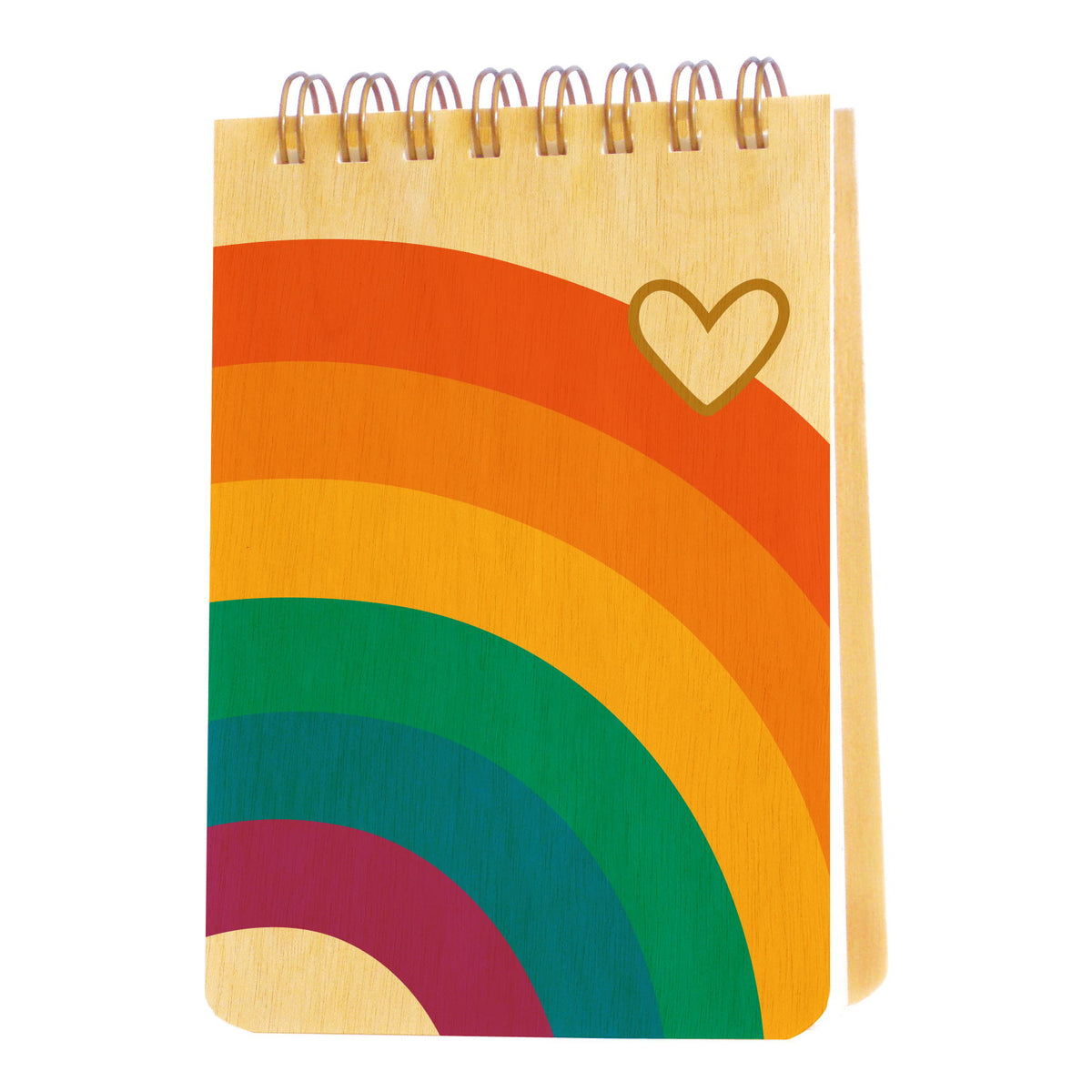 Mini notepad with birch wood covers. Spiral bound on top edge. Rainbow design and heart symbol.