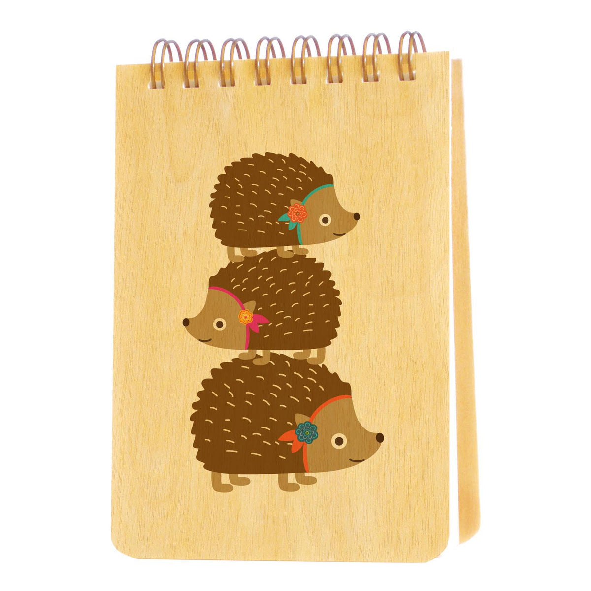 Spiral-bound wood mini notepad with birch wood covers featuring three hedgehogs stacked on top of each other, each wearing a colorful floral accessory.