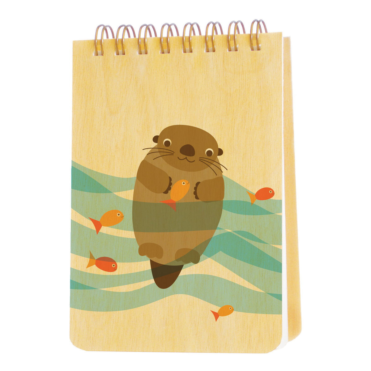 Spiral-bound wood mini notepad with birch wood covers featuring a happy otter floating in teal wavy water with orange fish swimming nearby.