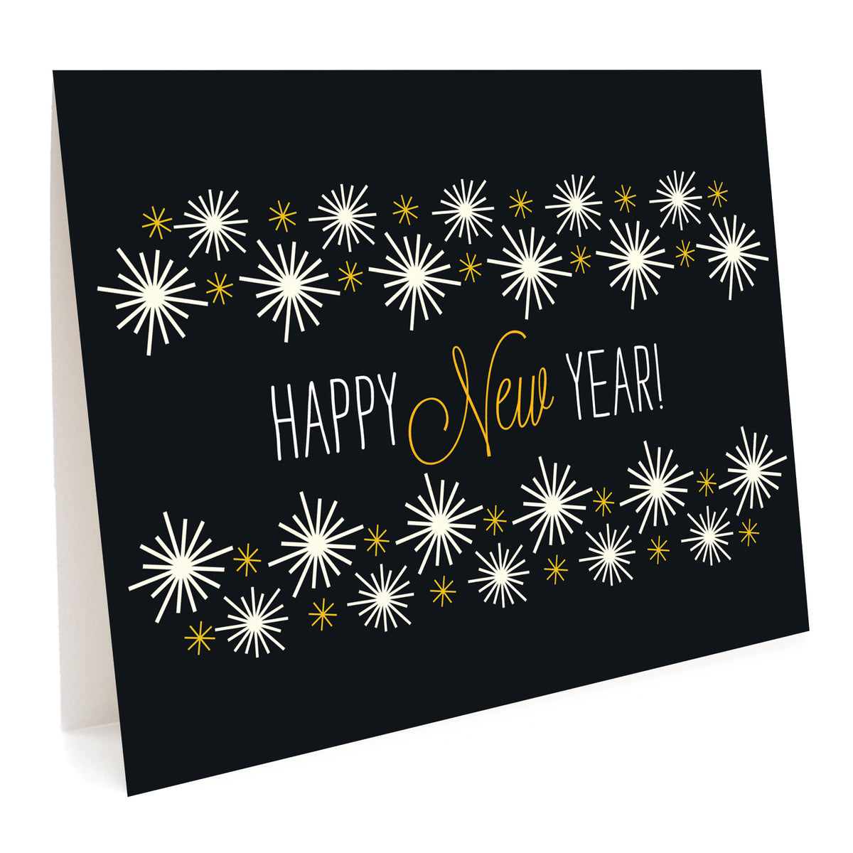 Golden New Year folded paper holiday card featuring gold and white starburst fireworks on a black background with a "Happy New Year!" greeting