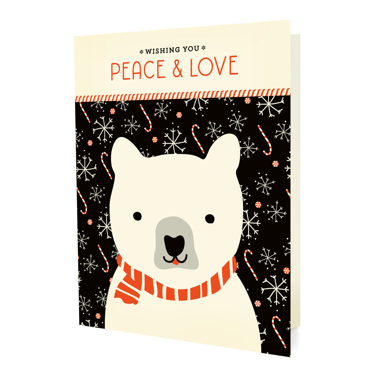 Polar Peace folded paper holiday card featuring a polar bear in a red and white striped scarf against a black background with snowflakes and candy canes and the greeting "Wishing You Peace & Love"