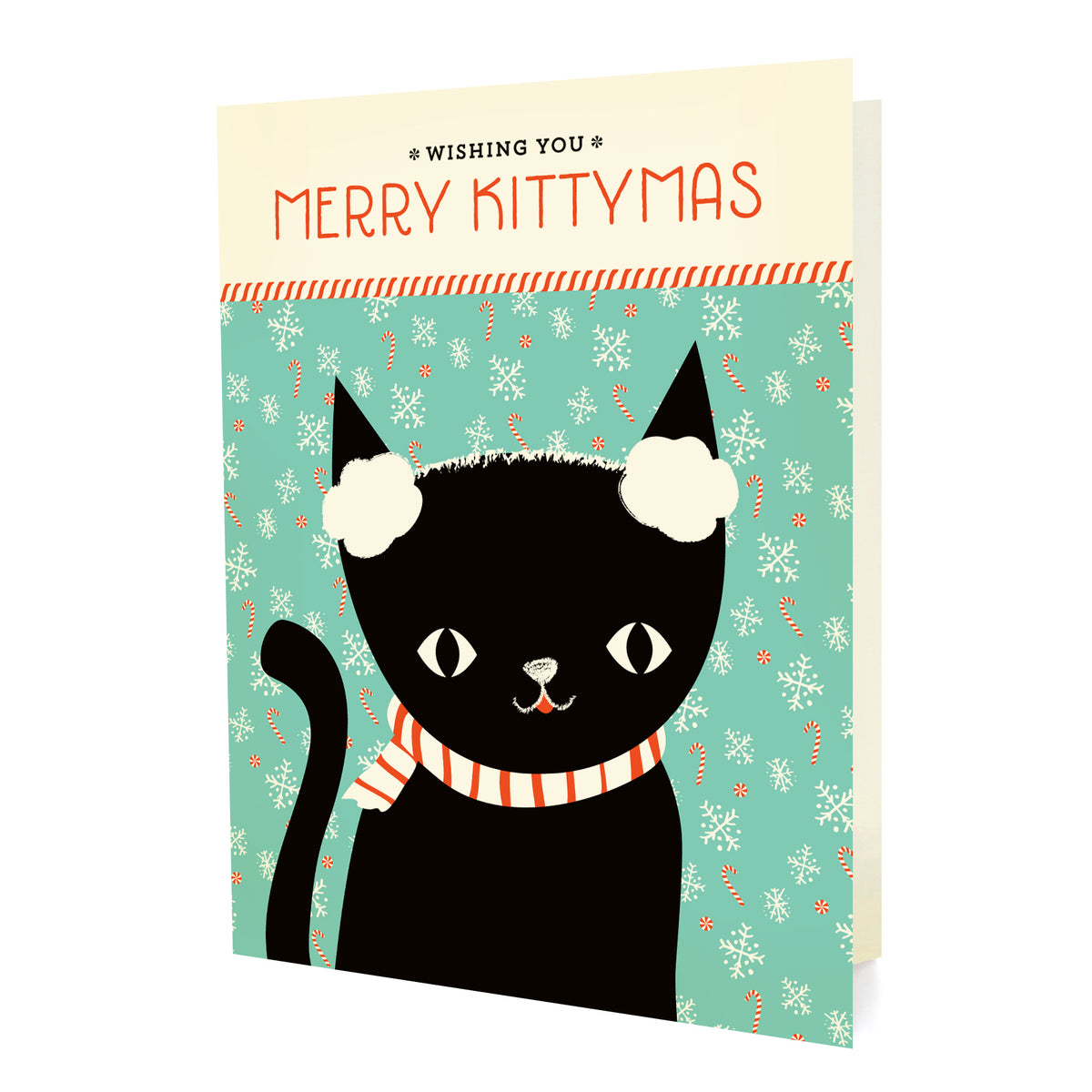 Kitty Christmas folded paper holiday card featuring a black cat in white earmuffs and a red and white striped scarf against a teal background with snowflakes and candy canes and the greeting "Wishing You Merry Kittymas"