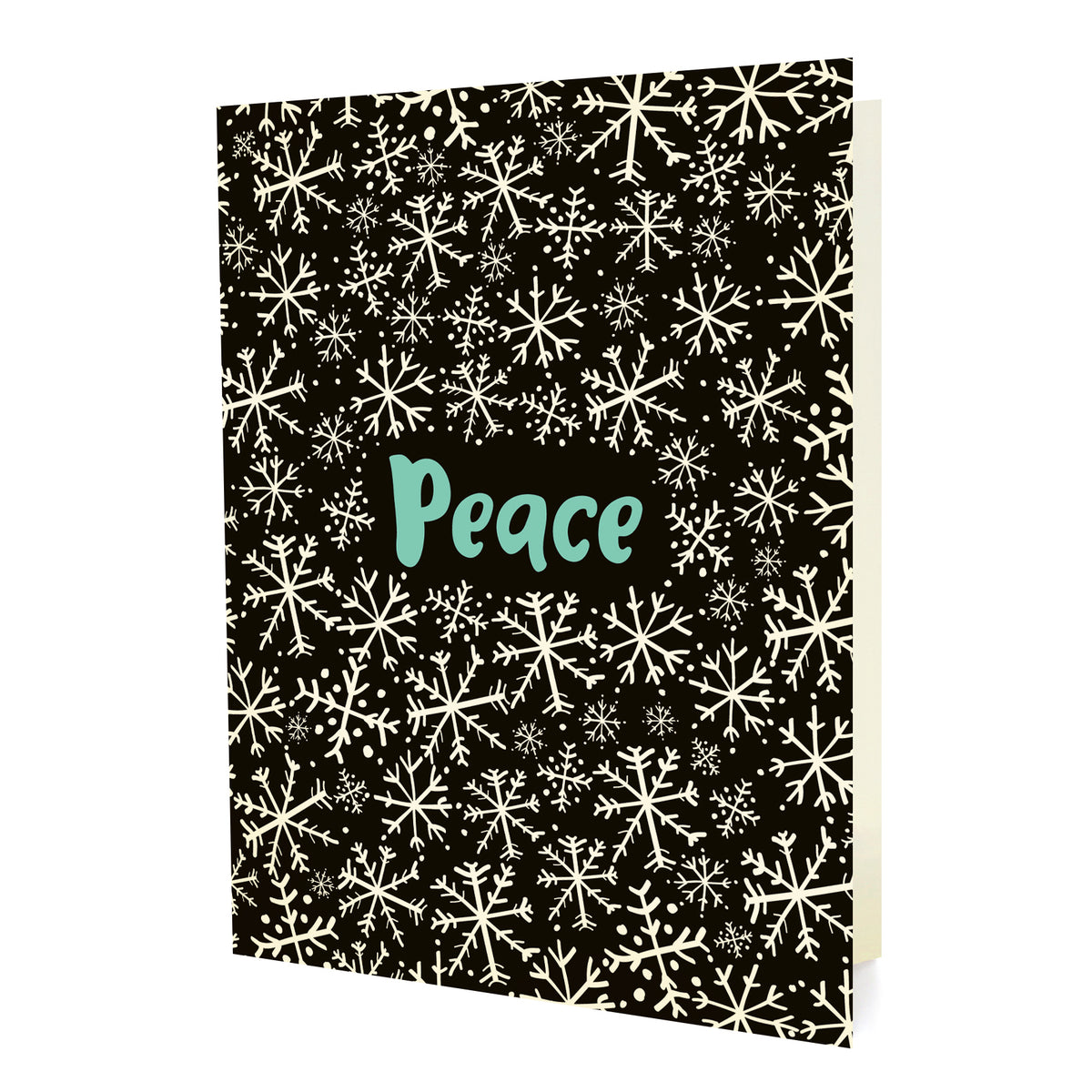 Snowy Peace folded paper holiday card featuring the word "Peace" in aqua lettering against a black background covered in white snowflakes in varying sizes