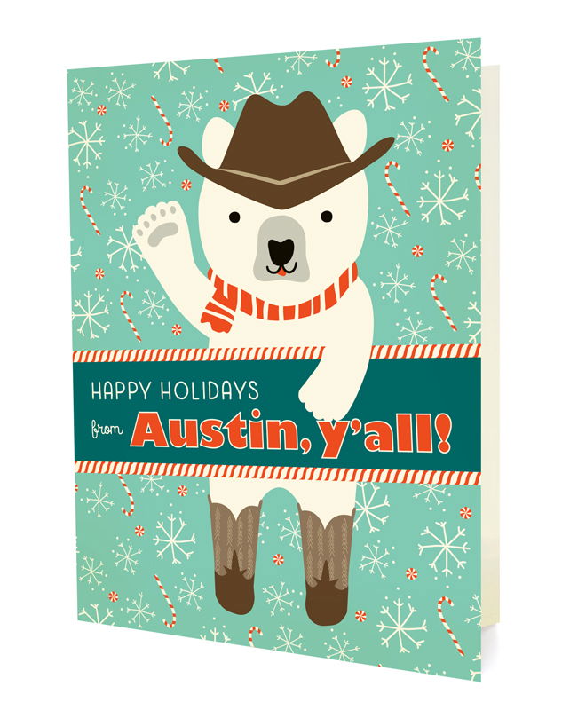 Polar Austin folded paper holiday card featuring a polar bear in a cowboy hat, red striped scarf and cowboy boots waving against a teal background with snowflakes and candy canes and the greeting "Happy Holidays from Austin, y'all!"
