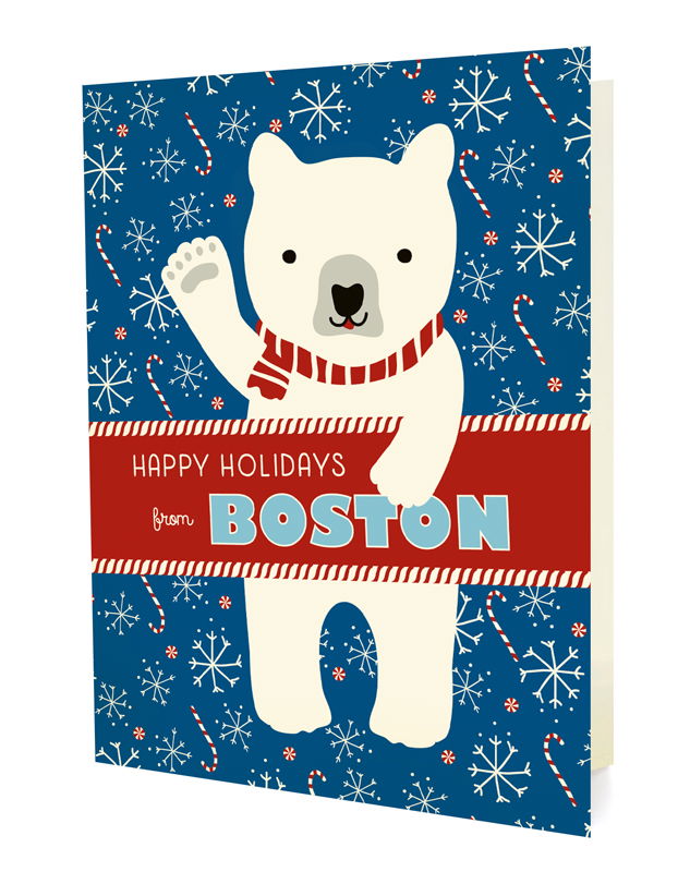 Polar Boston folded paper holiday card featuring a polar bear in a red striped scarf waving against a bold blue background with snowflakes and candy canes and the greeting "Happy Holidays from Boston"