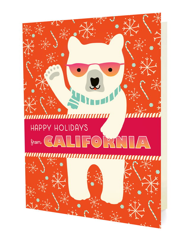 Polar California folded paper holiday card featuring a polar bear in pink sunglasses and an aqua scarf waving against a bright orange background with snowflakes and candy canes and the greeting "Happy Holidays from California"
