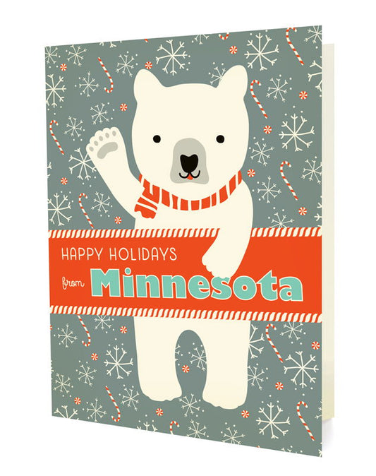 Polar Minnesota folded paper holiday card featuring a polar bear in a red striped scarf waving against a gray-blue background with snowflakes and candy canes and the greeting "Happy Holidays from Minnesota"