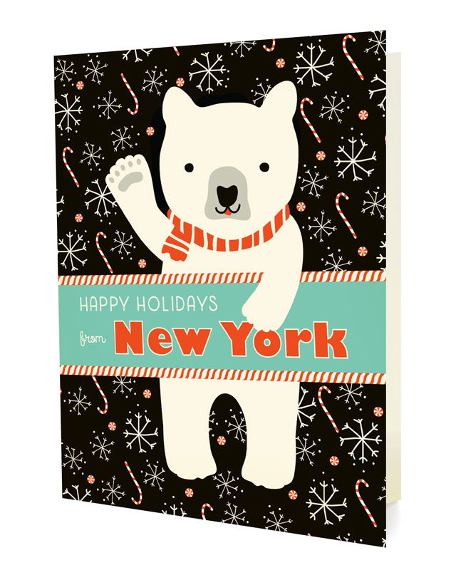 Polar New York folded paper holiday card featuring a polar bear in a red striped scarf waving against a black background with snowflakes and candy canes and the greeting "Happy Holidays from New York"