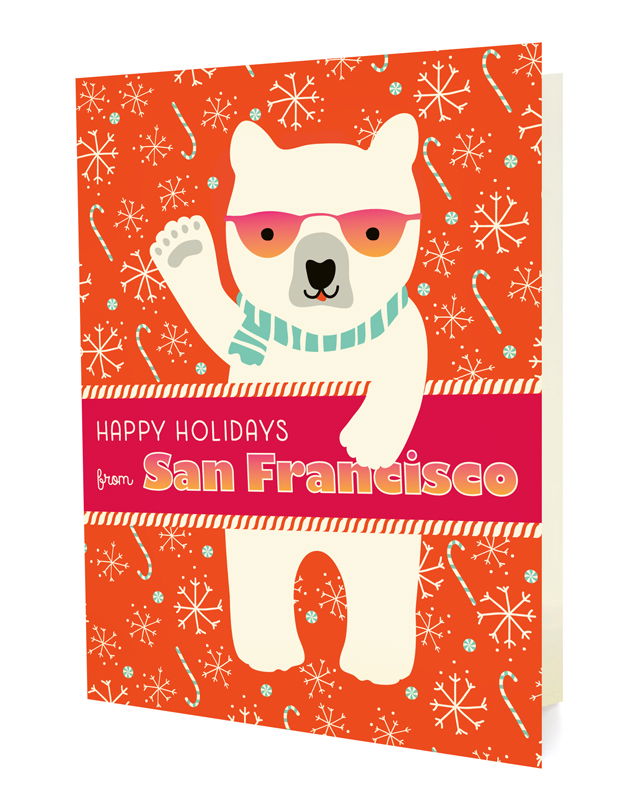 Polar San Francisco folded paper holiday card featuring a polar bear in pink sunglasses and a aqua scarf waving against a bright orange background with snowflakes and candy canes and the greeting "Happy Holidays from San Francisco"