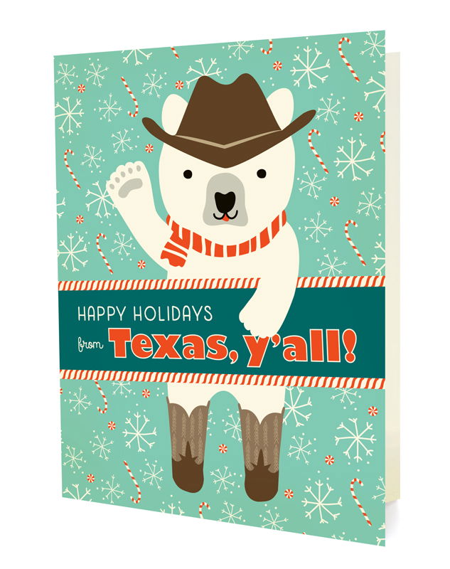 Polar Texas folded paper holiday card featuring a polar bear in a cowboy hat, red striped scarf and cowboy boots waving against an aqua background with snowflakes and candy canes and the greeting "Happy Holidays from Texas, y'all!"