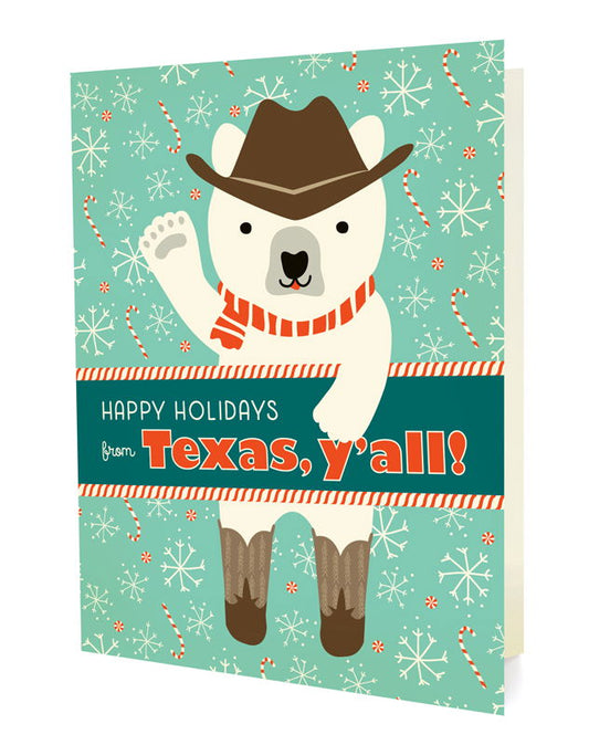 Polar Texas folded paper holiday card featuring a polar bear in a cowboy hat, red striped scarf and cowboy boots waving against an aqua background with snowflakes and candy canes and the greeting "Happy Holidays from Texas, y'all!"