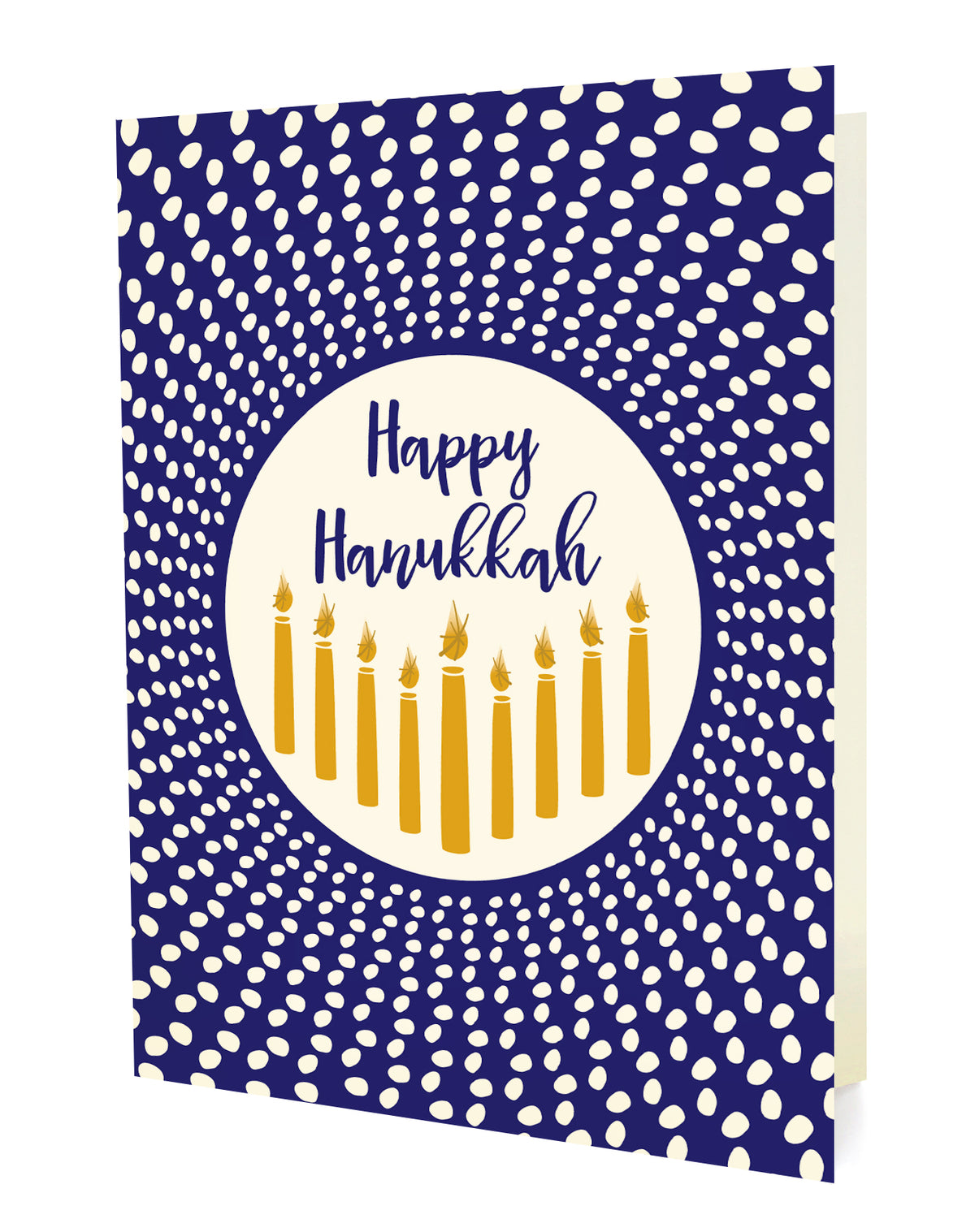 Radiant Hanukkah folded paper holiday card featuring nine gold Hanukkah candles on a cream circle against a bold blue dotted background with the greeting "Happy Hanukkah"