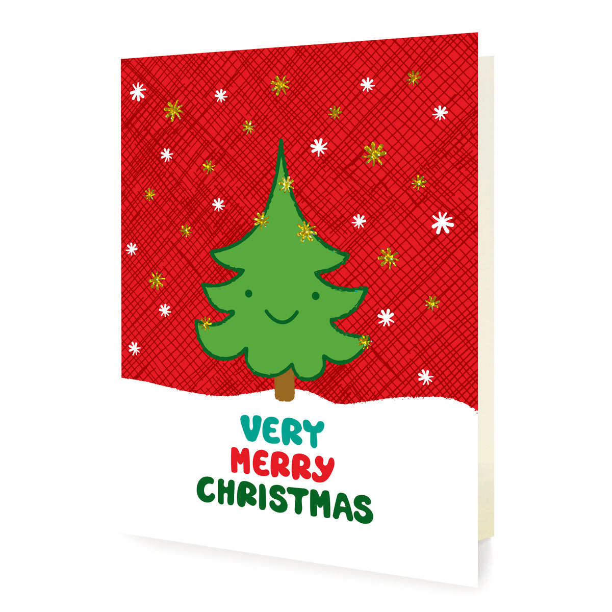 Happy Tree Gold Foil Holiday Card featuring a smiling green Christmas tree with gold foil snowflake accents against a red crosshatch background with the greeting "Very Merry Christmas"