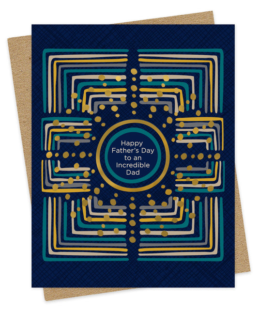 Father's Day card with geometric design a navy blue background and gold foil dots. Greeting at the center reads "Happy Father's Day to an Incredible Dad." Shown with a kraft envelope.