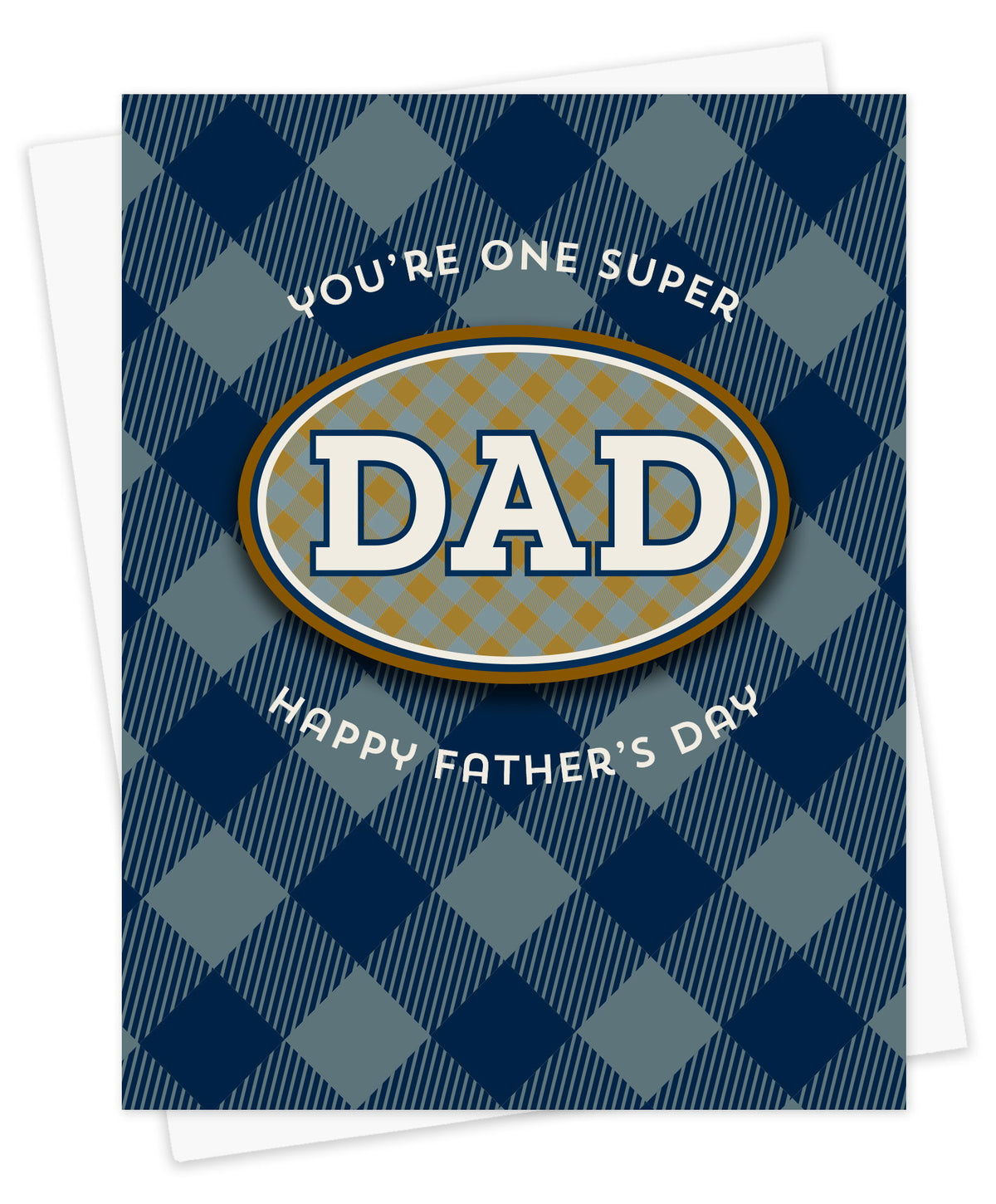 Father's Day sticker card with blue and gray plaid pattern and a removable, vinyl DAD sticker bordered by "You're One Super" and "Happy Father's Day" text. Shown with a white envelope.