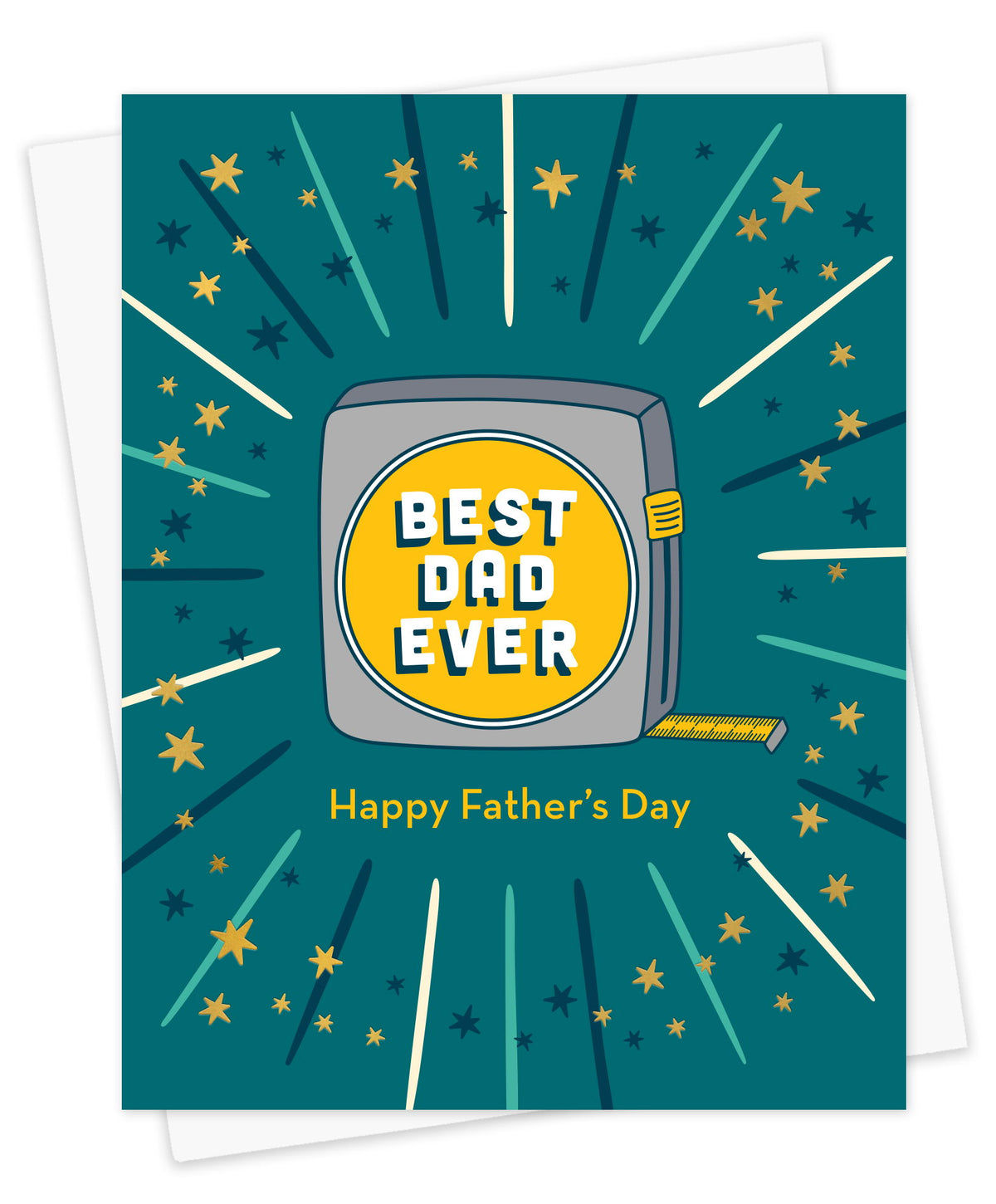 Father's Day greeting card featuring a tape measure with the message "Best Dad Ever" and "Happy Father's Day" surrounded by colorful gold foil stars and celebratory rays.