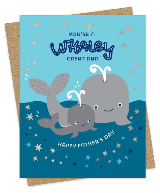 Father's Day greeting card featuring a grey whale and baby whale surrounded by silver foil stars with the message "You're a Whaley Great Dad - Happy Father's Day."