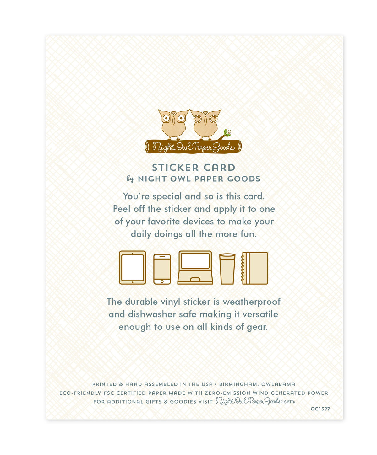 Back of sticker card with logo and text that reads "Sticker Card by Night Owl Paper Goods. You're special and so is this card. Peel off the sticker and apply it to one of your favorite devices to make your daily doings all the more fun. The durable vinyl sticker is weatherproof and dishwasher safe making it versatile enough to use on all kinds of gear. Printed and hand assembled in the USA. Birmingham, Owlabama. Eco-friendly, FSC certified paper made with zero emission wind-generated power."
