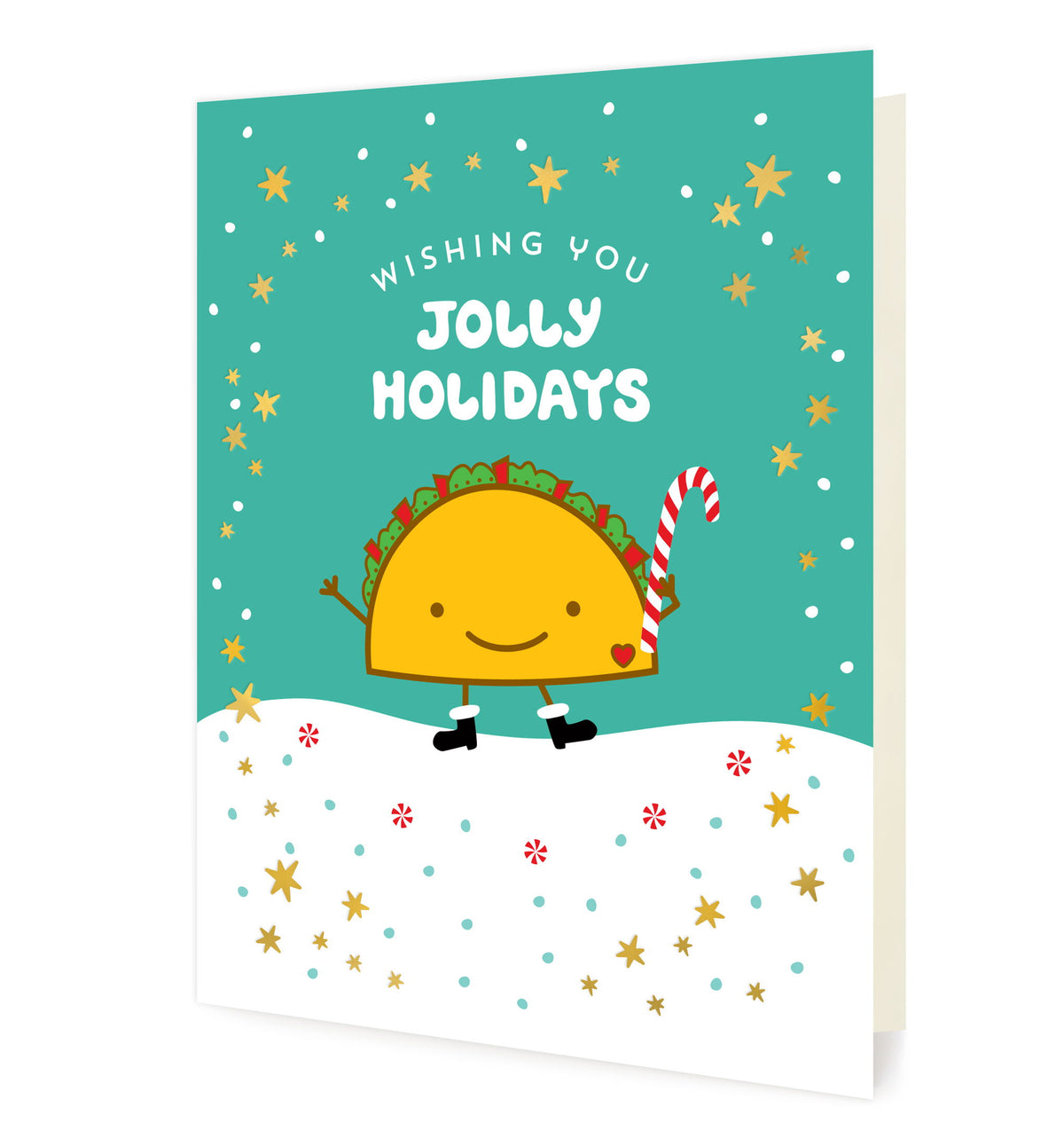 Taco Gold Foil Holiday Card featuring a smiling taco in black boots holding a candy cane against a snowy aqua background with gold foil stars and a "Wishing You Jolly Holidays" greeting.