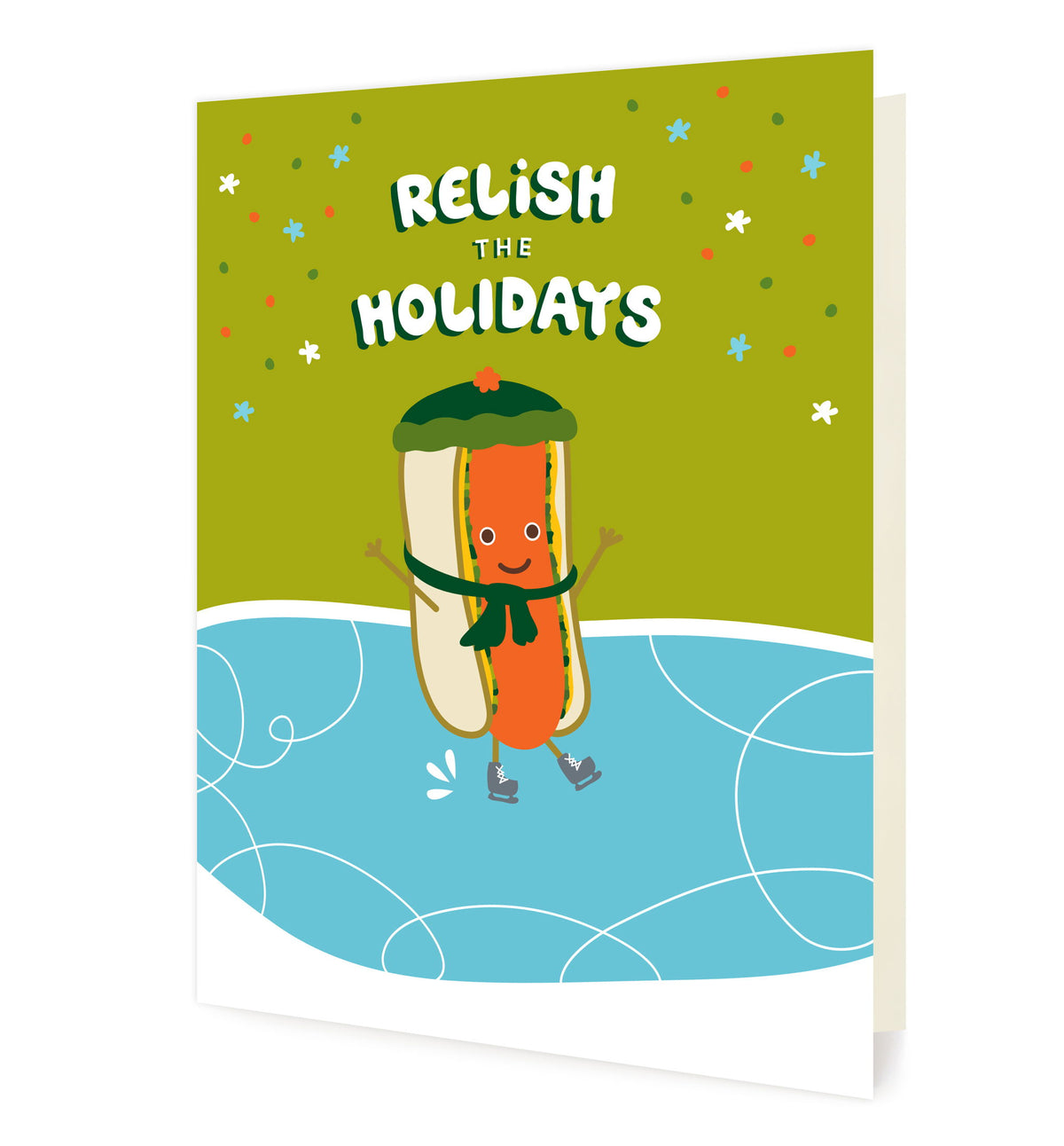Hot Dog Holiday Card featuring a smiling hot dog in a green scarf and ice skates skating on a blue ice rink against an olive green background with the greeting "Relish the Holidays"