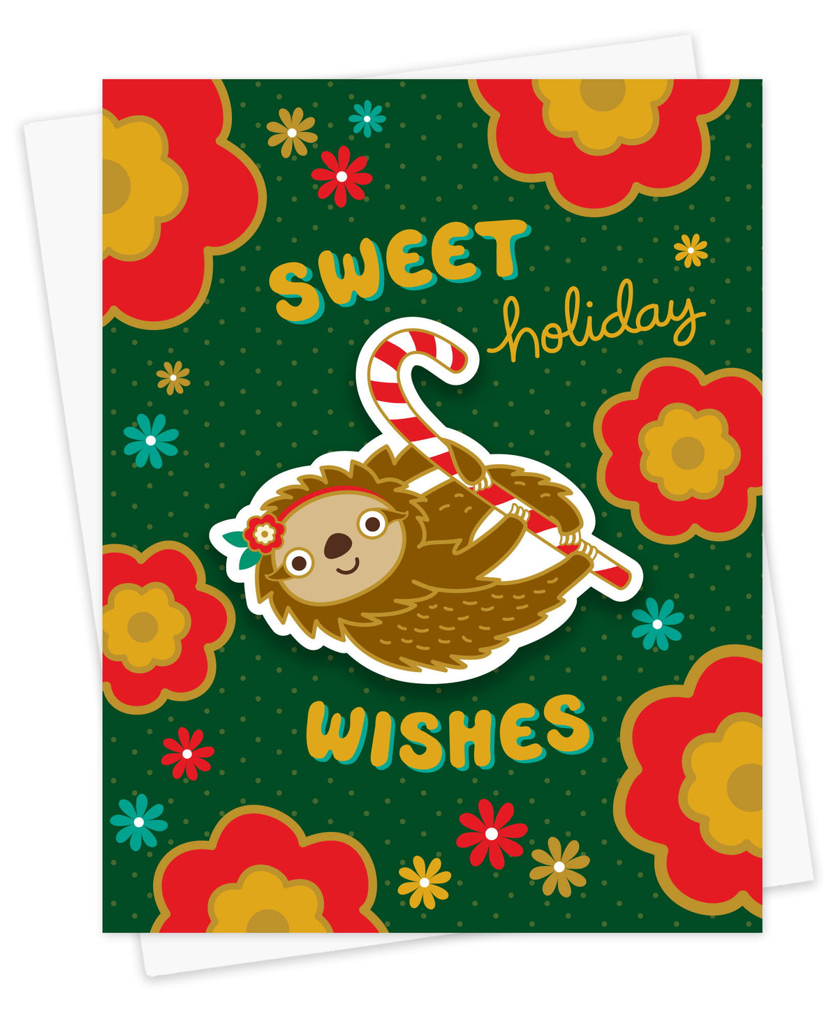Sweet Sloth Sticker Holiday Card featuring a removable vinyl sloth sticker holding a candy cane on a dark green background with bold red and yellow flowers and the greeting "Sweet Holiday Wishes." Shown with a white envelope.