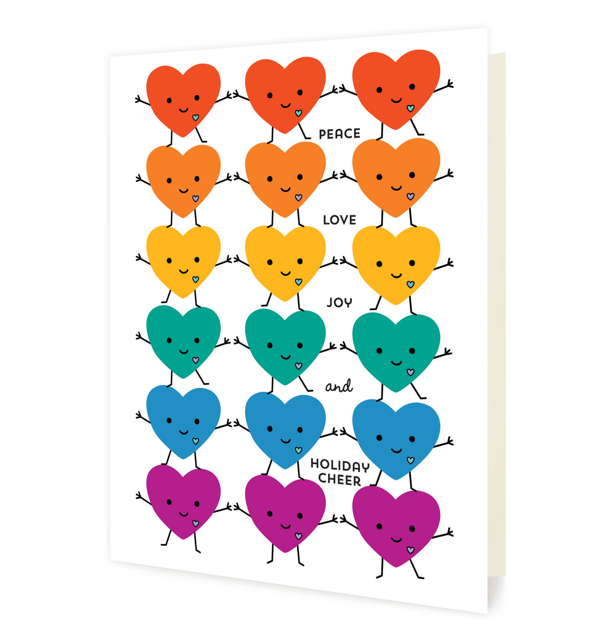 United Hearts folded paper holiday card featuring rows of smiling rainbow hearts with arms and legs holding hands in red, orange, yellow, green, blue and purple with the greeting "Peace Love Joy and Holiday Cheer"