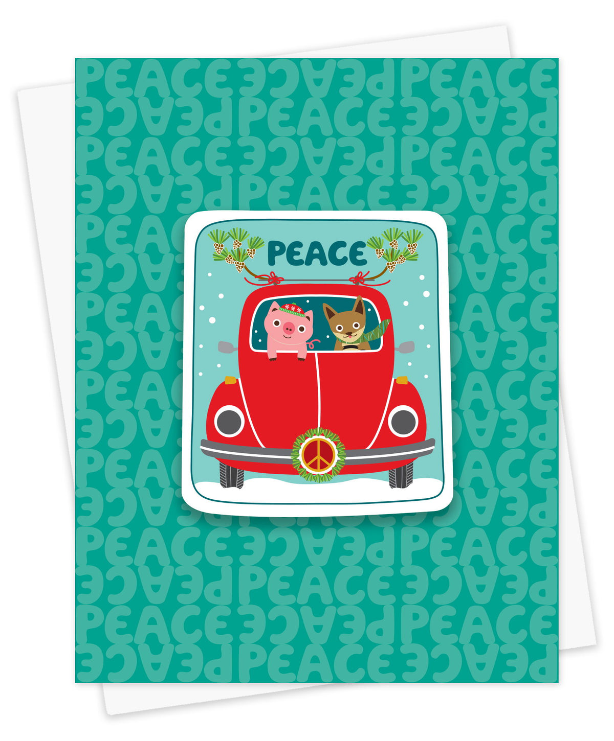 Peace Pals Sticker Holiday Card featuring a removable vinyl sticker of a pig and fox driving a red VW bug decorated with pine branches and a peace sign wreath on an aqua background with the word "Peace." Shown with a white envelope. 