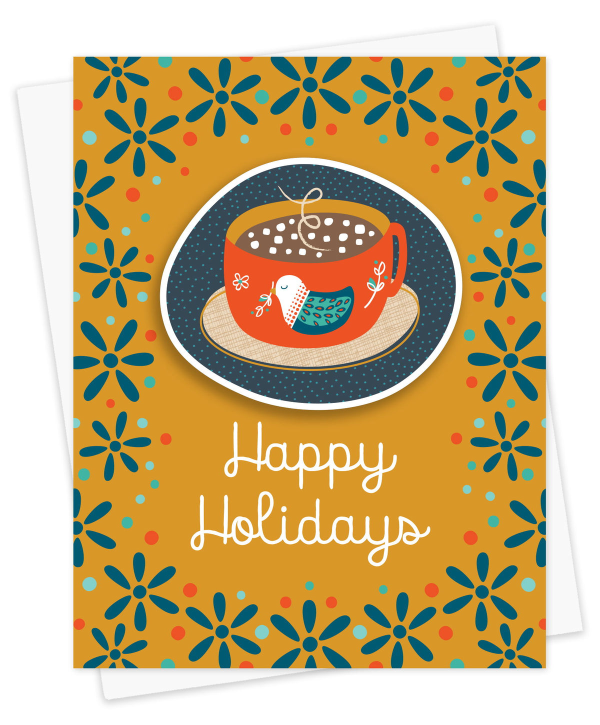 Holiday Cocoa Sticker Holiday Card featuring a removable vinyl sticker of a red mug of hot cocoa with marshmallows and a teal bird design on a warm gold background with teal flowers and the greeting "Happy Holidays." Shown with a white envelope.