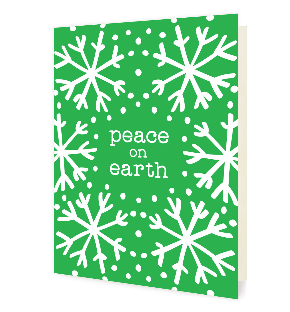 Green Peace folded paper holiday card featuring large white snowflakes on a vivid green background with the greeting "peace on earth"