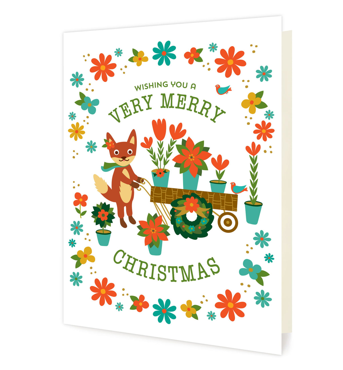 Foxy Christmas folded paper holiday card featuring a fox pulling a cart of poinsettias and potted flowers surrounded by a wreath of colorful blooms and birds with the greeting "Wishing You a Very Merry Christmas"