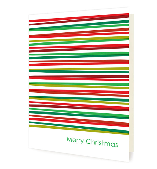 Simply Merry folded paper holiday card featuring bold horizontal red and green stripes in varying widths across a white background with a "Merry Christmas" greeting at the bottom
