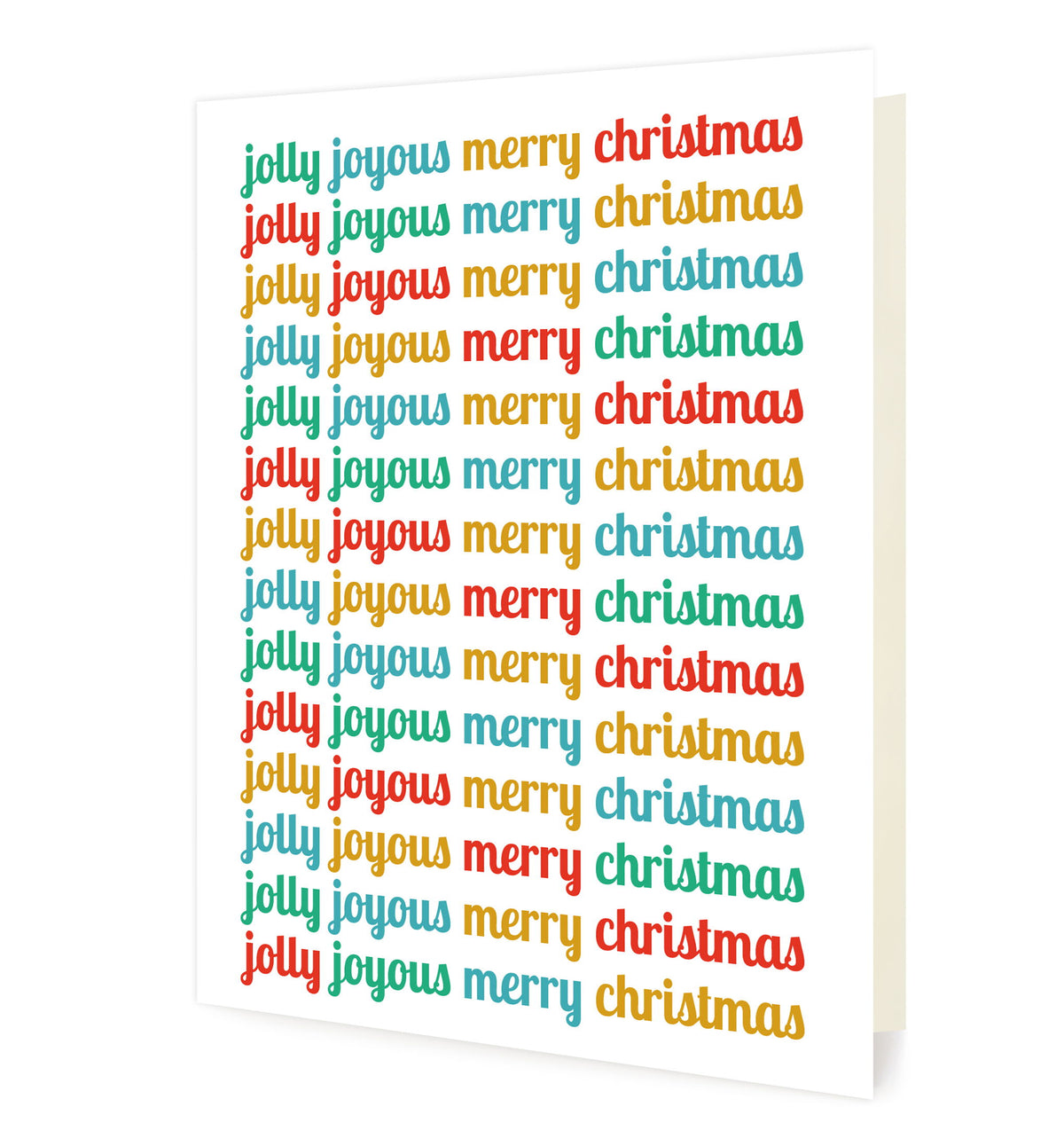 Jolly Joyous folded paper holiday card featuring the words "jolly joyous merry christmas" repeated in rotating red, teal, gold and green script across a white background