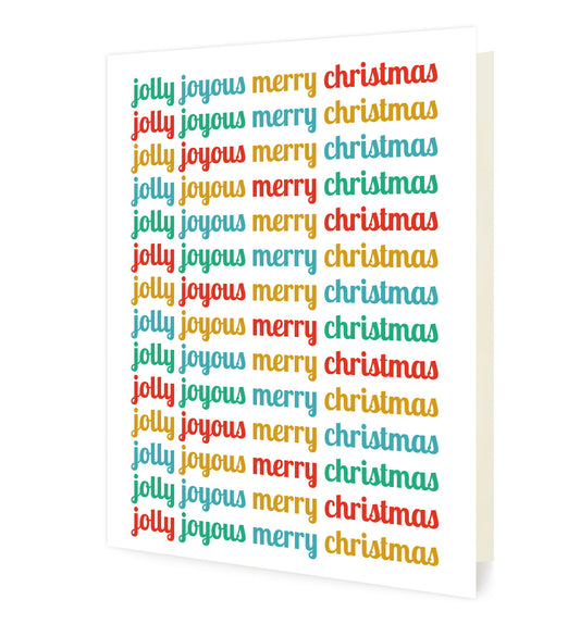 Jolly Joyous folded paper holiday card featuring the words "jolly joyous merry christmas" repeated in rotating red, teal, gold and green script across a white background